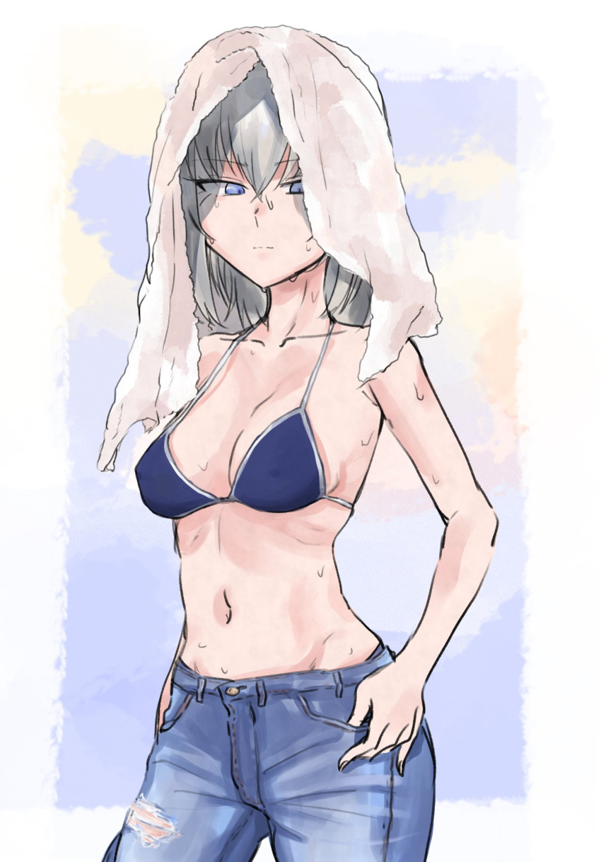 1girl, bangs, bikini, blue_bikini, blue_eyes, blue_pants, casual, closed_mouth