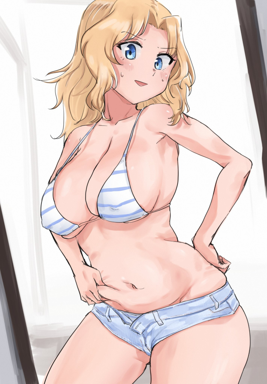 1girl, ass_visible_through_thighs, belly, belly_grab, bikini, blonde_hair, blue_bikini, blue_eyes, blue_shorts, breasts, cleavage, commentary_request, cowboy_shot, cutoffs, denim, denim_shorts, eyebrows_visible_through_hair, girls_und_panzer, hand_on_hip, head_tilt, highres, kay_(girls_und_panzer), large_breasts, light_blush, long_hair, looking_at_viewer, midriff, navel, open_mouth, pinching, plump, reflection, shorts, skindentation, smile, solo, standing, striped, striped_bikini, sweat, swimsuit, thighs, toku_(yhpv8752), weight_conscious
