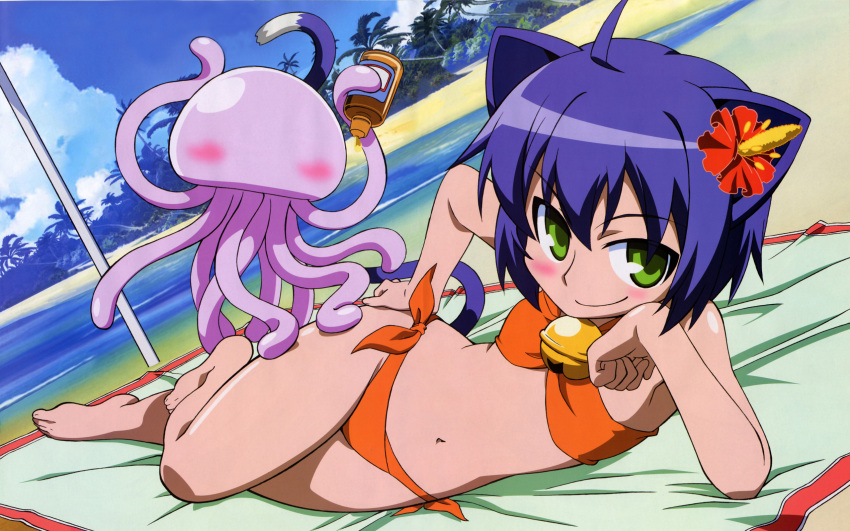 1girl, 1other, animal, barefoot, beach, bell, bikini, blush, cat_ears, cat_tail, flower, green_eyes, jellyfish, kyouran_kazoku_nikki, looking_at_viewer, midarezaki_gekka, midarezaki_kyouka, ocean, official_art, orange_bikini, sunblock, swimsuit, tagme, towel, water