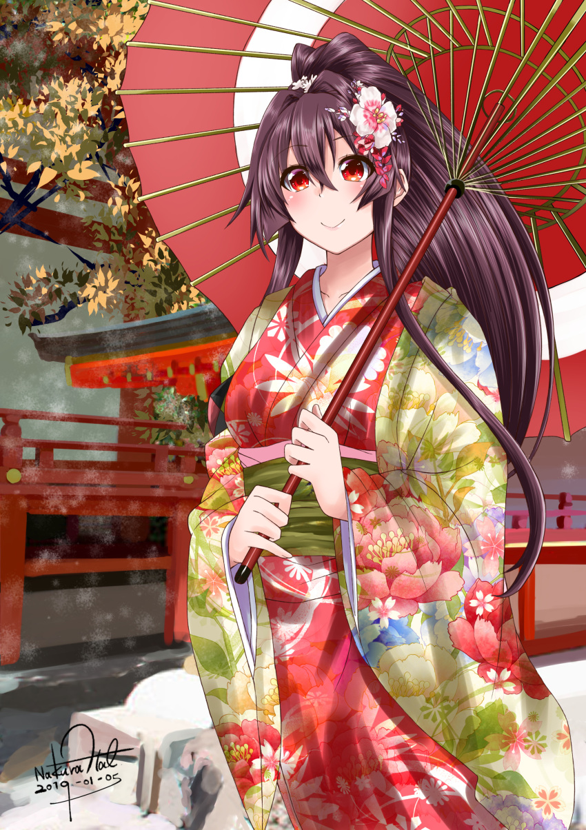 absurdres, alternate_costume, brown_hair, closed_mouth, dated, floral_print, hair_ornament, hanten_(clothes)