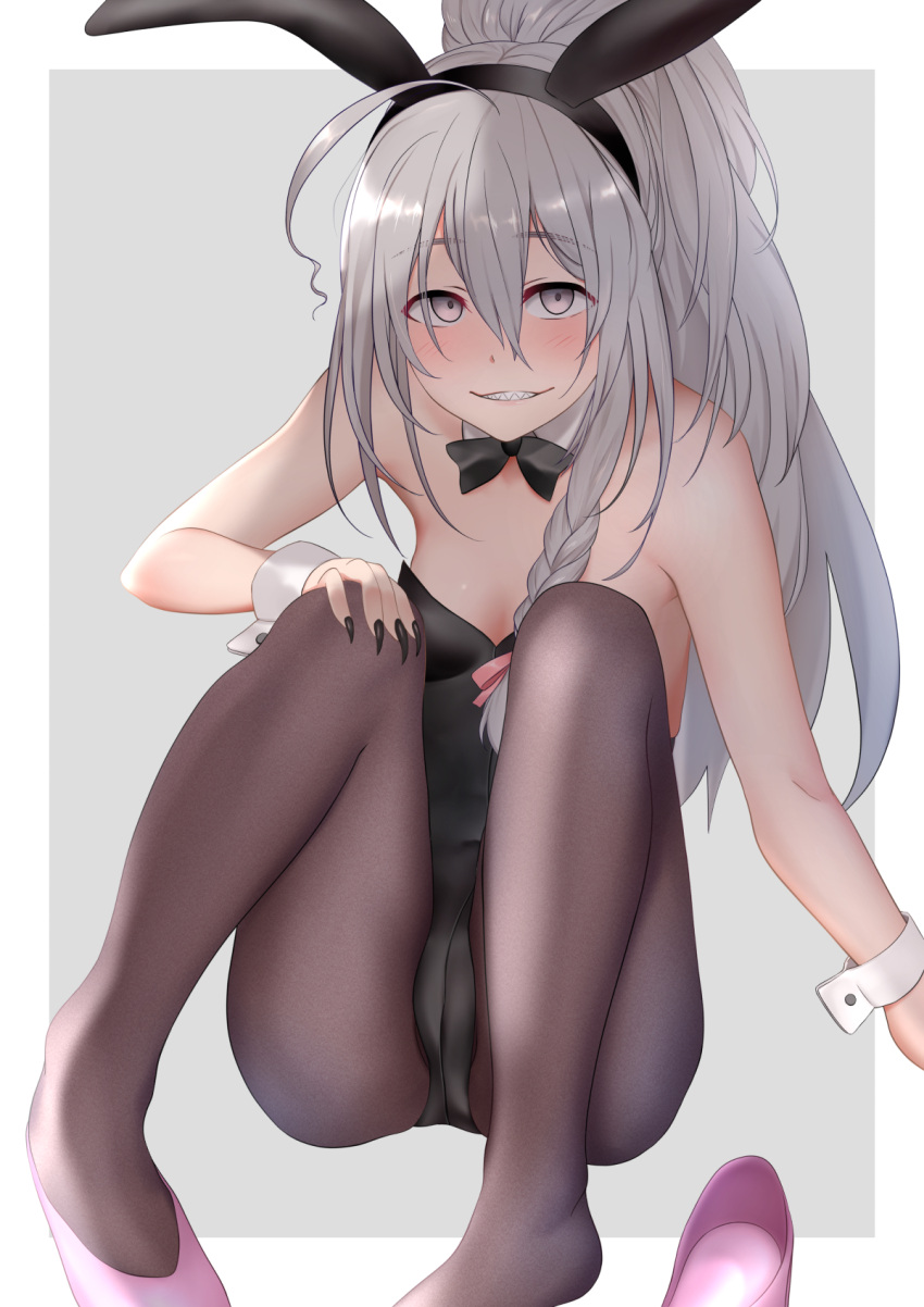 ahoge, animal_ears, black_legwear, bow, bowtie, braid, bunny_day, bunny_girl