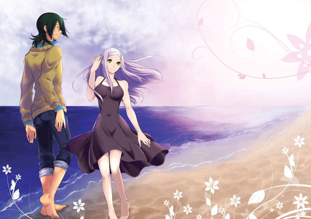 1boy, 1girl, allelujah_haptism, bangs, barefoot, beach, black_dress, blue_pants
