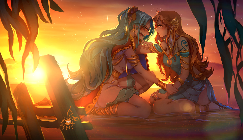 2girls, artist_name, blue_dress, blue_hair, blush, breasts, brown_eyes, brown_hair