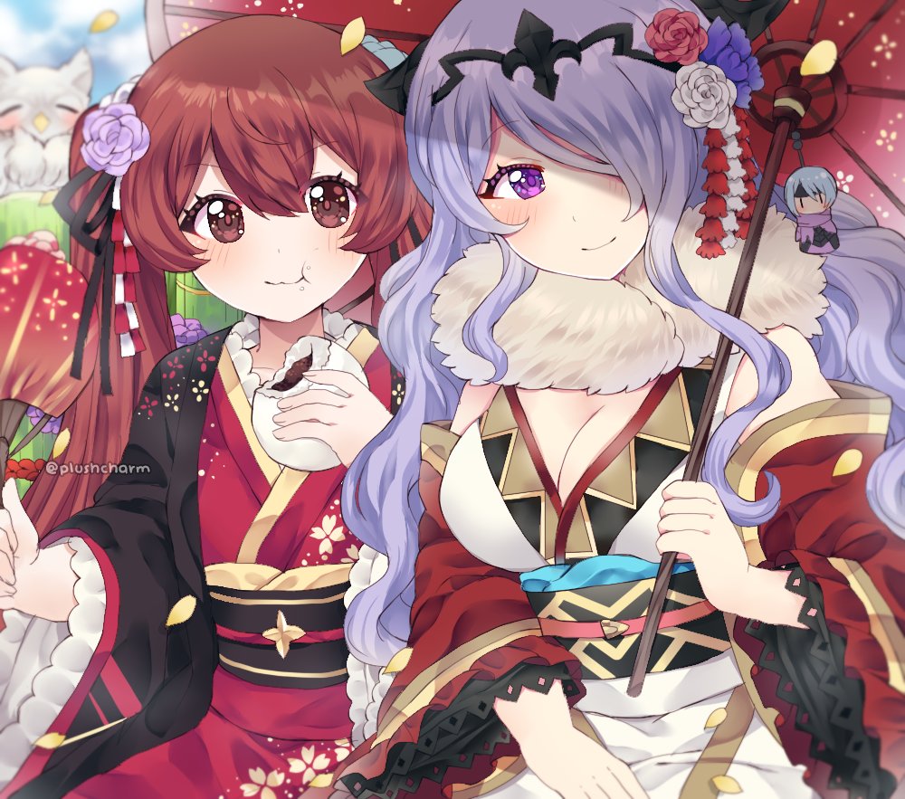 2girls, berka_(fire_emblem_if), bird, breasts, camilla_(fire_emblem_if), cleavage, closed_mouth, eating, fan, feh_(fire_emblem_heroes), fire_emblem, fire_emblem_heroes, fire_emblem_if, flower, hair_flower, hair_ornament, hair_over_one_eye, hair_ribbon, holding, holding_fan, japanese_clothes, kimono, large_breasts, long_hair, long_sleeves, luna_(fire_emblem_if), multiple_girls, nintendo, obi, owl, paper_fan, petals, plushcharm, purple_hair, red_eyes, redhead, ribbon, sash, smile, tiara, twintails, twitter_username, uchiwa, violet_eyes, wide_sleeves