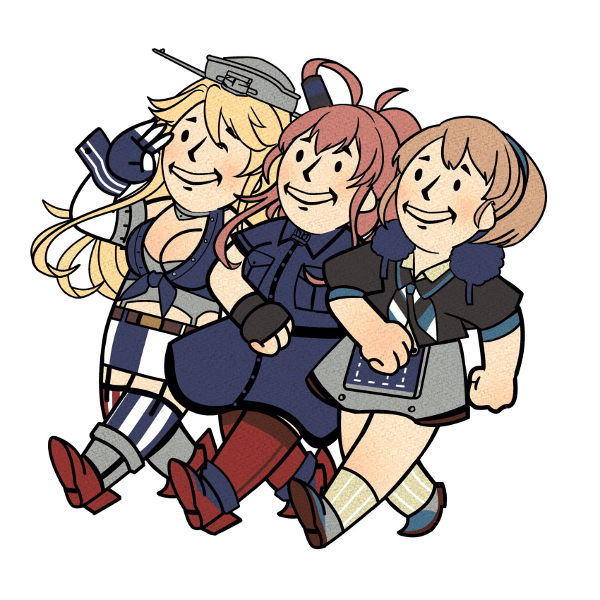 3girls, american_flag_legwear, anno88888, black_shirt, blonde_hair, breast_pocket, brown_hair, commentary