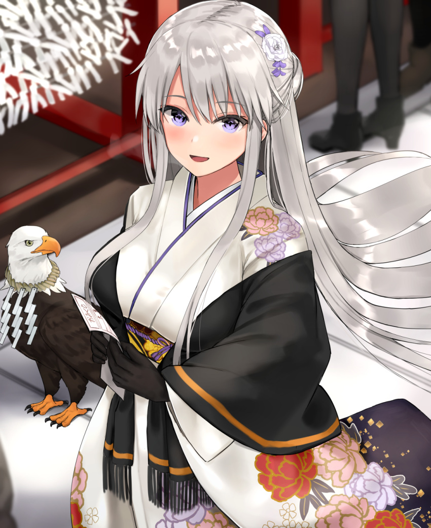 1girl, animal, azur_lane, bald_eagle, bangs, bird, black_gloves, black_shawl