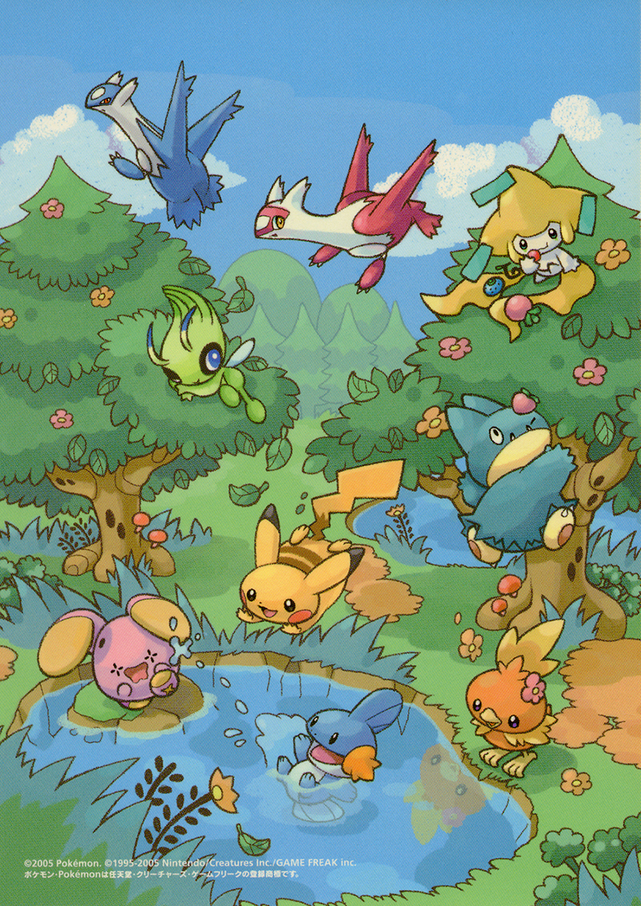 2005, :d, bird, black_eyes, blue_eyes, blue_sky, blush_stickers, bush