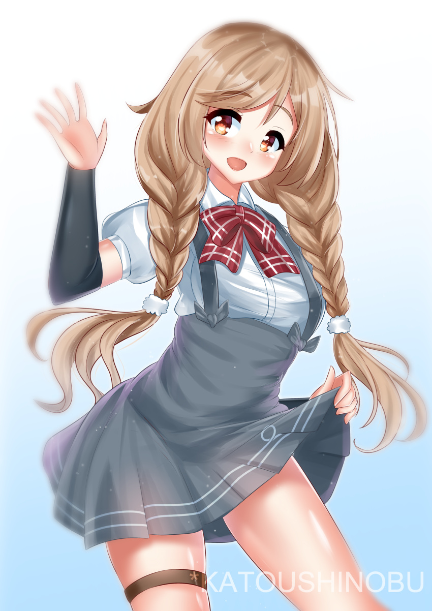 1girl, blush, bow, bowtie, braid, brown_eyes, eyebrows_visible_through_hair, gradient
