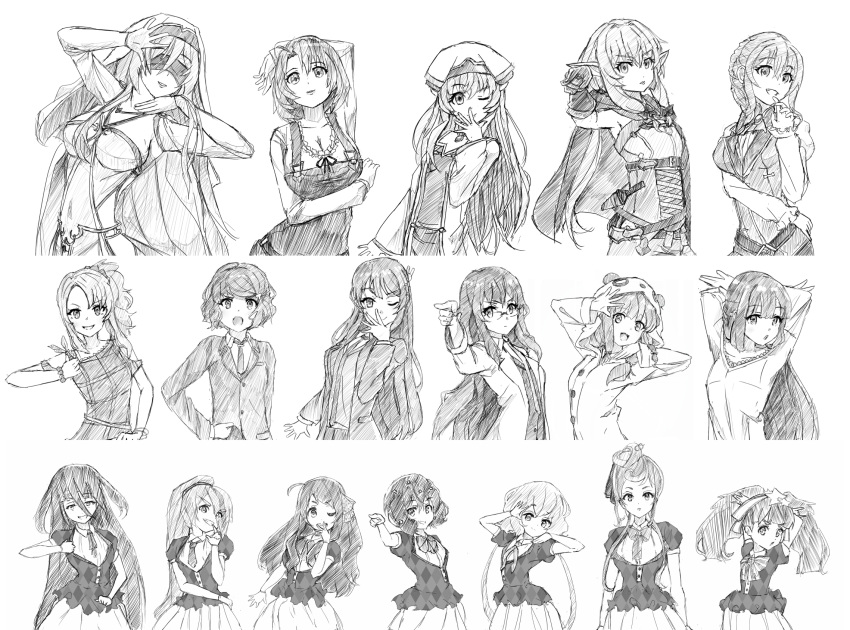 6+girls, :d, :o, ahoge, animal_costume, animal_ears, arms_behind_head, azusagawa_kaede, bangs, blindfold, bow, braid, breasts, cleavage, closed_mouth, collage, collared_shirt, commentary, cow_girl_(goblin_slayer!), cowboy_shot, crossover, dress, elf, english_commentary, futaba_rio, glasses, goblin_slayer!, greatveemon, greyscale, grin, guild_girl_(goblin_slayer!), hair_bow, hair_ornament, hair_ribbon, hairclip, hand_up, hat, high_elf_archer_(goblin_slayer!), highres, hood, hoshikawa_lily, jacket, jewelry, jojo_no_kimyou_na_bouken, jojo_pose, koga_tomoe, konno_junko, labcoat, large_breasts, long_hair, long_sleeves, looking_at_viewer, low_twintails, makinohara_shouko, medium_breasts, minamoto_sakura, mizuno_ai, monochrome, multicolored_hair, multiple_crossover, multiple_girls, necklace, nikaidou_saki, open_mouth, outstretched_arm, panda_costume, parody, parted_lips, pointing, pointing_at_viewer, pointy_ears, polka_dot, polka_dot_bow, pose, priestess_(goblin_slayer!), ribbon, robe, sakurajima_mai, school_uniform, scrunchie, seishun_buta_yarou, shirt, short_hair, short_sleeves, side_ponytail, sidelocks, simple_background, single_braid, sketch, skirt, small_breasts, smile, standing, star, star_hair_ornament, streaked_hair, sword_maiden, tagme, toyohama_nodoka, twintails, very_long_hair, white_background, yamada_tae, yuugiri_(zombie_land_saga), zombie, zombie_land_saga