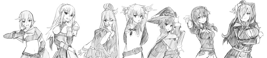 1boy, 6+girls, :d, :o, ahoge, aqua_(konosuba), arm_behind_head, arm_under_breasts
