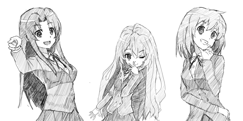 3girls, :d, aisaka_taiga, bangs, blazer, breasts, closed_mouth, commentary