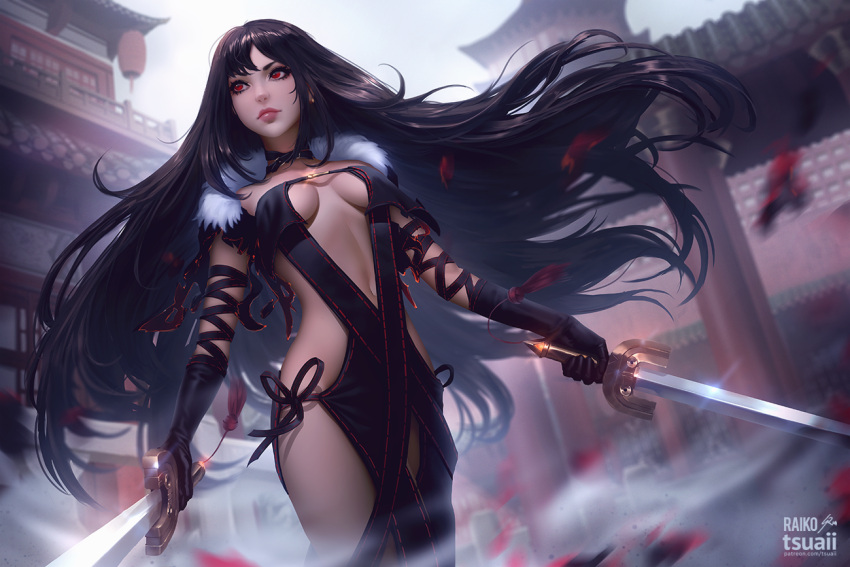 1girl, arm_strap, artist_name, bangs, bare_shoulders, black_dress, black_gloves, black_hair