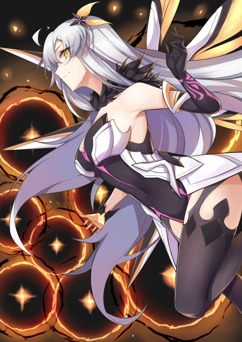 1girl, absurdres, ahoge, armor, armored_dress, bangs, bare_shoulders, breasts