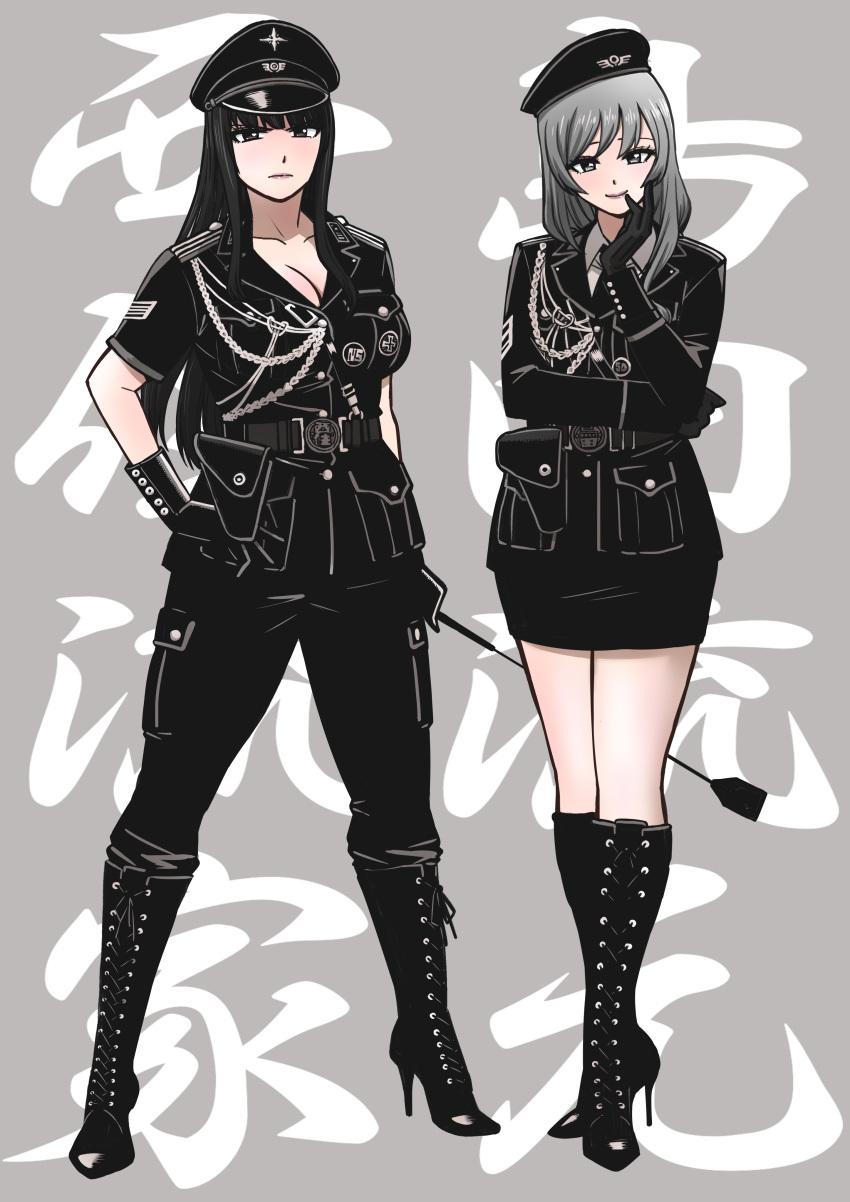 2girls, absurdres, alternate_costume, black_eyes, black_footwear, black_gloves, black_hair, black_jacket