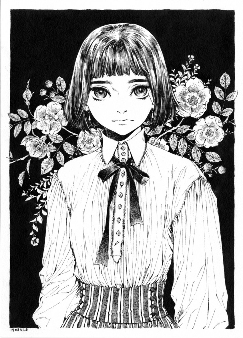 1girl, arms_at_sides, bangs, blunt_bangs, bob_cut, buttons, closed_mouth, collared_shirt, dated, earrings, eyebrows, floral_background, flower, gisele_alain, gisele_alain_(character), greyscale, highres, ink_(medium), jewelry, kasai_sui, light_smile, long_sleeves, looking_at_viewer, monochrome, neck_ribbon, ribbon, rose, shirt, short_hair, solo, striped, traditional_media, upper_body, vertical_stripes