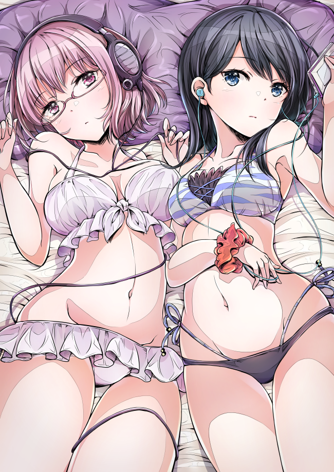 2girls, animal_print, bikini, black_hair, blue_eyes, breasts, closed_mouth, collarbone