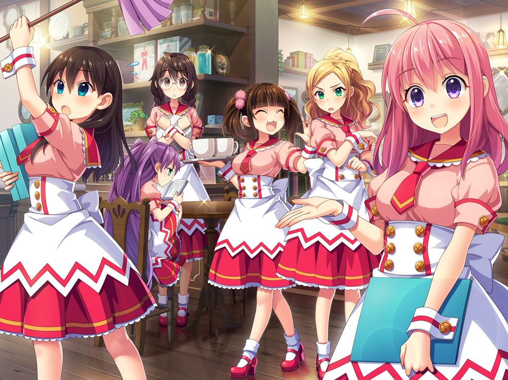 6+girls, :3, :d, :o, ahoge, apron, artist_request, asagi_izumi