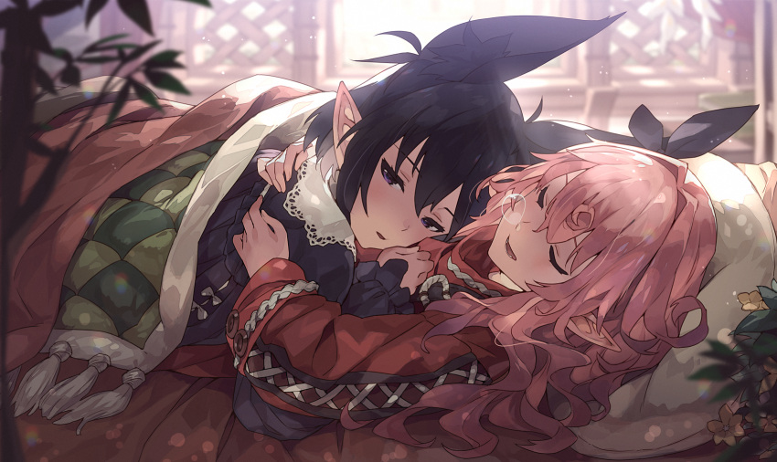 2girls, =_=, animal_ear_fluff, animal_ears, backlighting, bangs, bed, black_hair