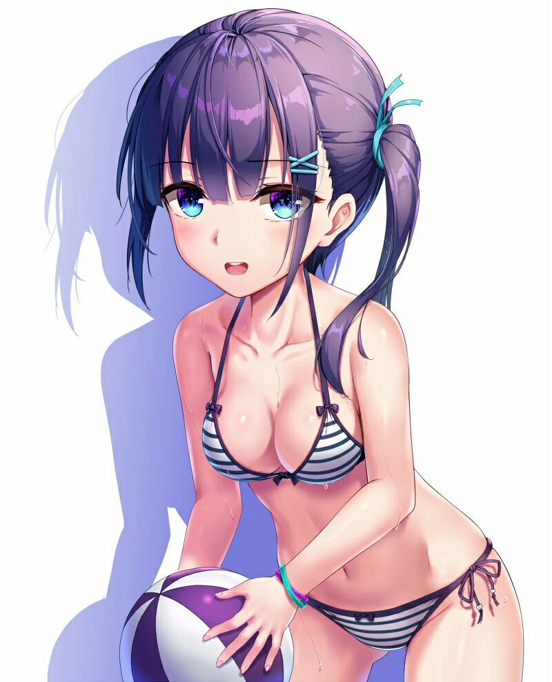 1girl, aya223, ball, beachball, bikini, blue_eyes, breasts, chinese_commentary