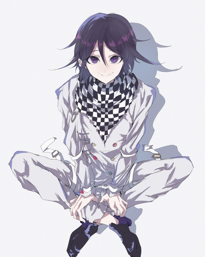 1boy, black_footwear, checkered, checkered_scarf, commentary_request, dangan_ronpa, eyebrows_visible_through_hair, flipped_hair