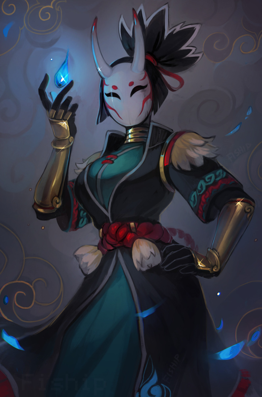 1girl, artist_name, black_hair, bracer, chinese_clothes, coat, collar, facing_viewer, gauntlets, glint, grey_background, hand_on_hip, highres, horned_mask, magic, mask, matilda_vin, original, ponytail, sash, solo, standing