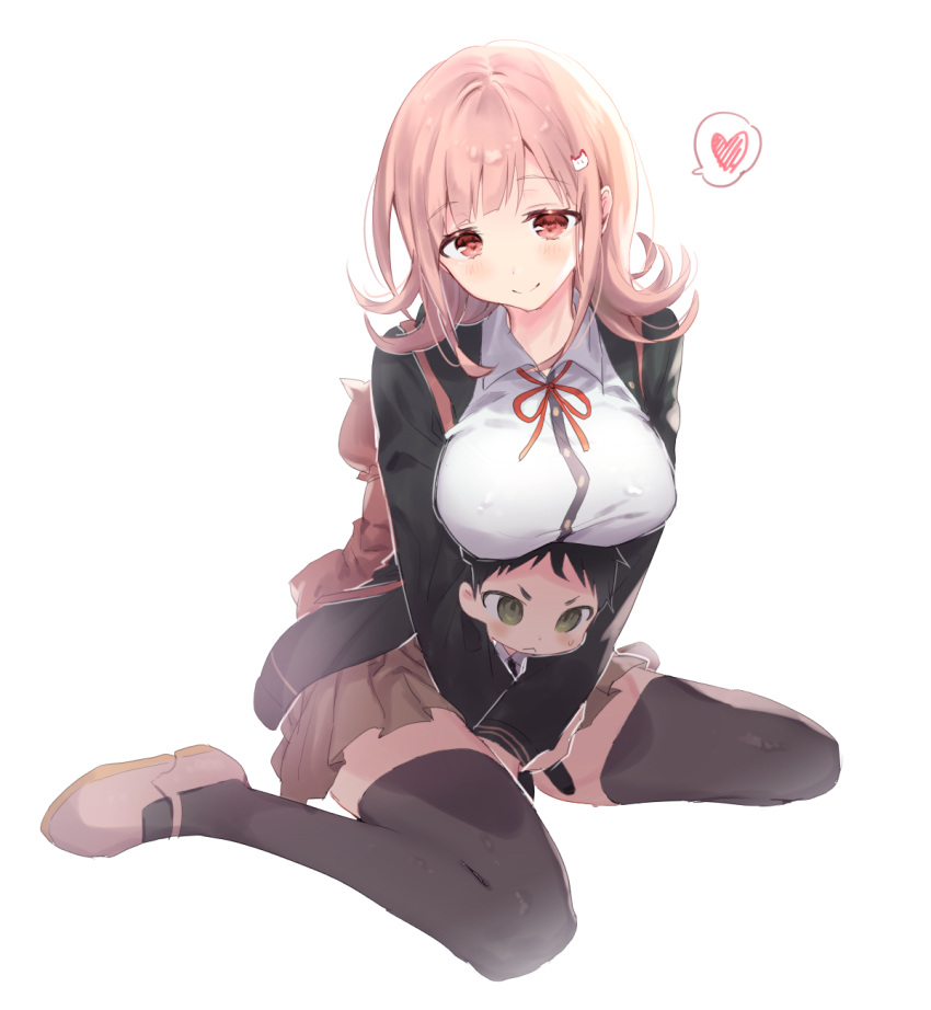 1boy, 1girl, :<, alternate_hair_ornament, animal_ears, apfhs72, backpack, bag, bangs, beige_skirt, black_jacket, black_legwear, blush, breast_rest, breasts, breasts_on_head, brown_hair, catbag, commentary_request, dangan_ronpa, dangan_ronpa_3, eyebrows_visible_through_hair, flipped_hair, green_eyes, hair_ornament, hairclip, heart, highres, hinata_hajime, jacket, kneeling, large_breasts, leggings, looking_down, nanami_chiaki, open_eyes, pink_eyes, pink_footwear, pink_hair, pleated_skirt, red_ribbon, ribbon, school_uniform, shirt, short_hair, skirt, smile, speech_bubble, super_dangan_ronpa_2, thigh-highs, white_shirt