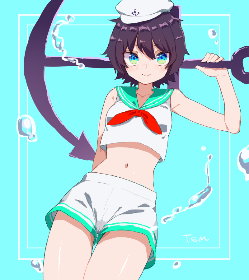 1girl, anchor, aqua_sailor_collar, bare_shoulders, black_hair, blue_eyes, crop_top, hat
