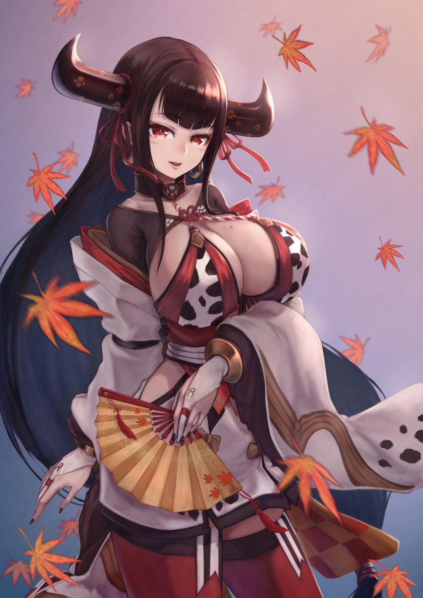1girl, absurdres, animal_print, bangs, black_hair, black_nails, bra, breasts, bridal_gauntlets, collar, cow_print, eyeshadow, fan, folding_fan, highres, horn_ribbon, horns, huge_filesize, japanese_clothes, large_breasts, leaf, long_hair, long_sleeves, looking_at_viewer, low-tied_long_hair, makeup, nail_polish, open_mouth, re:act, red_bra, red_eyes, red_legwear, red_ribbon, ribbon, rope, shimenawa, smile, solo, thigh-highs, underwear, ushio_tia, very_long_hair, virtual_youtuber, wide_sleeves, yasu_(segawahiroyasu)