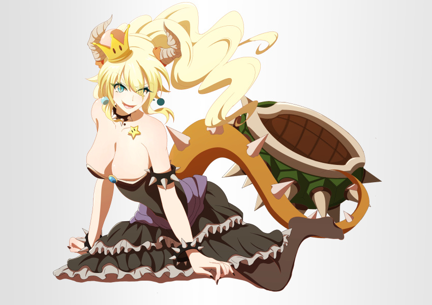 1girl, absurdres, all_fours, bangs, bare_shoulders, black_collar, black_dress, black_legwear, black_nails, blonde_hair, blue_eyes, bowsette, bracelet, breasts, cleavage, collar, dress, earrings, eyes_visible_through_hair, floating_hair, frilled_dress, frills, gem, hair_between_eyes, highres, horns, huoxing_jiuzai, jewelry, large_breasts, long_hair, looking_at_viewer, super_mario_bros., nail_polish, new_super_mario_bros._u_deluxe, nintendo, pantyhose, pointy_ears, sharp_teeth, solo, spiked_armlet, spiked_bracelet, spiked_collar, spiked_shell, spiked_tail, spikes, strapless, strapless_dress, super_crown, tail, teeth, turtle_shell, very_long_hair