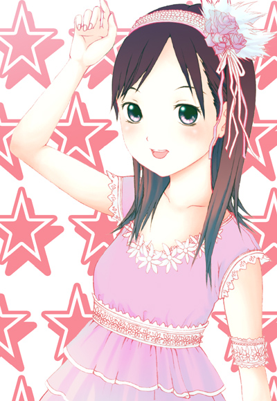 arm_up, bad_id, black_hair, blush, dress, flower, hairband, kojima_haruna