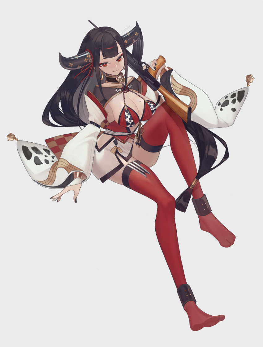 1girl, animal_print, ankle_cuffs, asaoki, bangs, black_hair, black_nails, bra