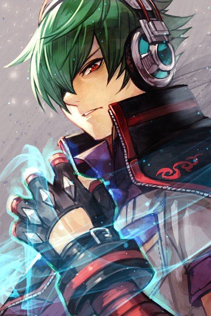 1boy, aura, bandage, black_jacket, capelet, fingerless_gloves, gloves, green_hair