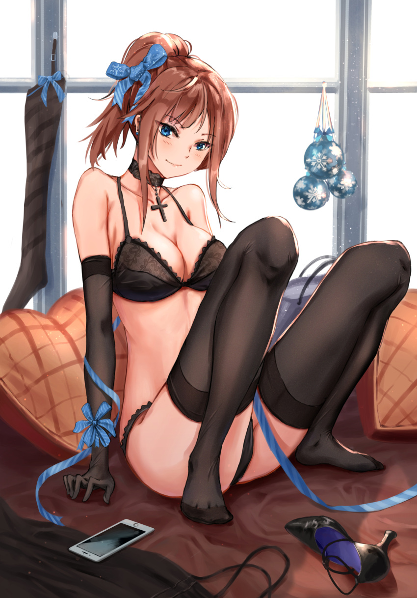 1girl, absurdres, arm_support, backlighting, bangs, black_bra, black_choker, black_dress