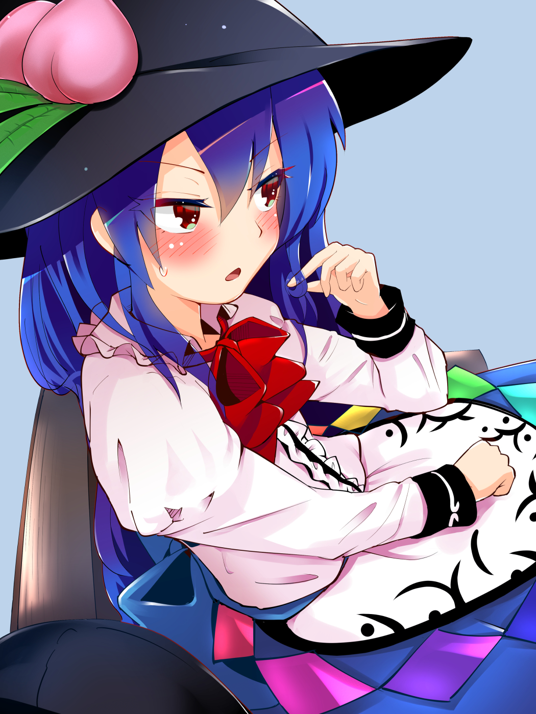1girl, aqua_hair, blue_hair, blush, bow, embarrassed, food, food_themed_hair_ornament