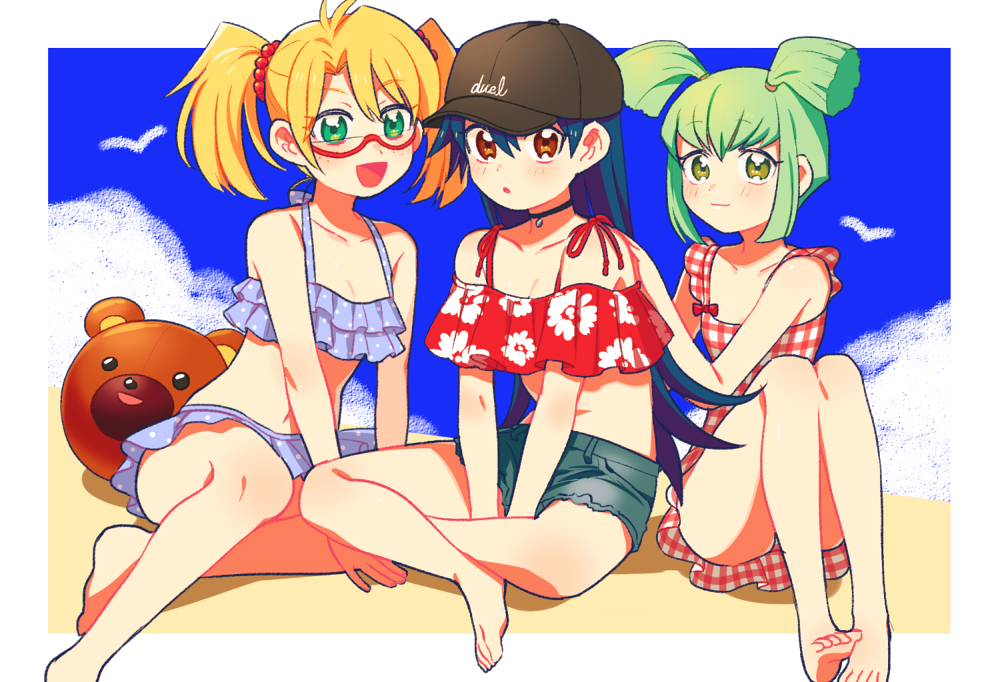 aqua_eyes, bangs, baseball_cap, beach, bear, bikini, black_hat, blonde_hair
