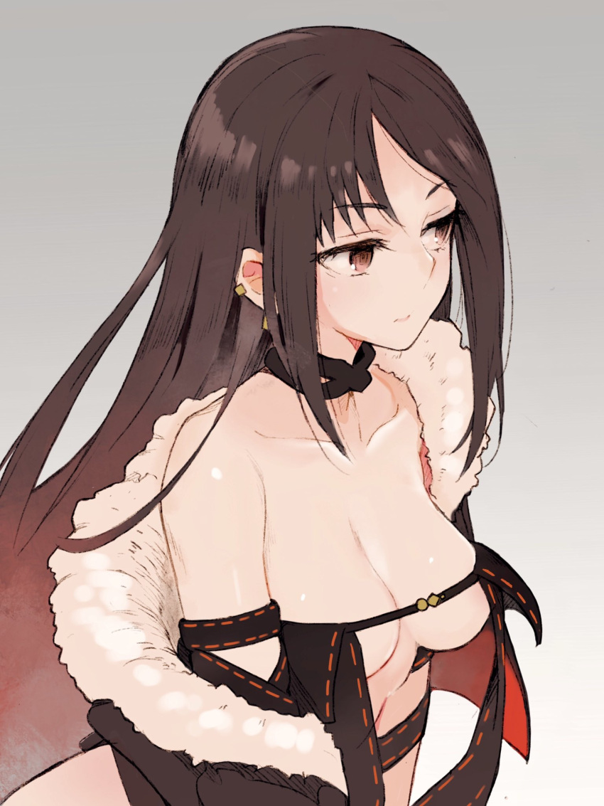 1girl, bangs, bare_shoulders, black_dress, breasts, brown_hair, center_opening, choker
