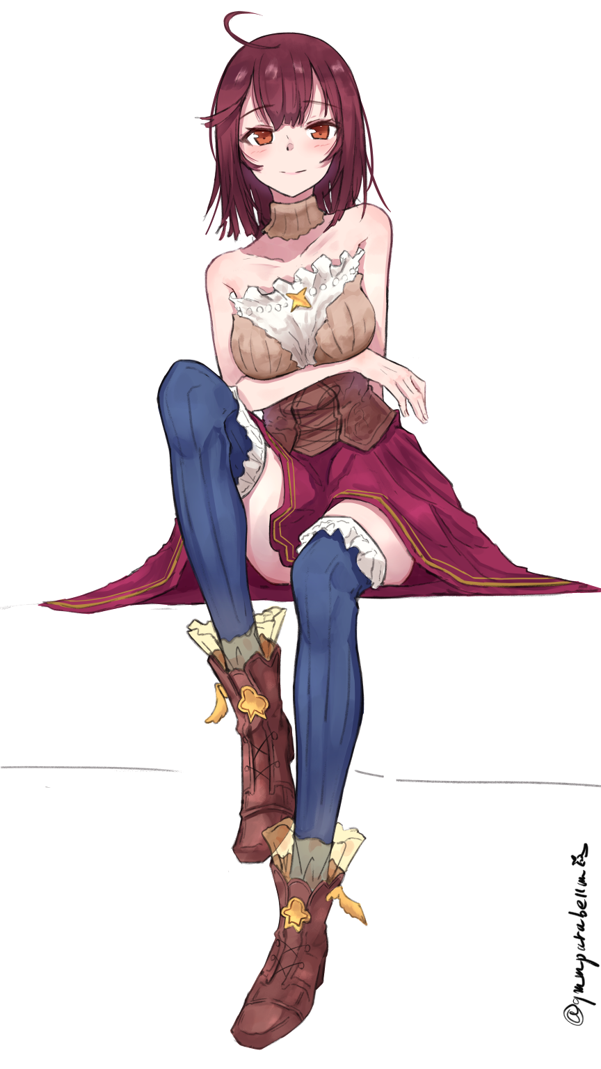 1girl, atelier_(series), atelier_sophie, bare_shoulders, blue_legwear, blush, brown_eyes, brown_footwear