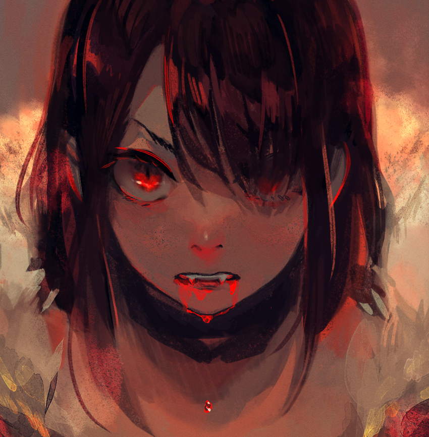 1girl, blood, blood_drip, blood_from_mouth, blurry, blurry_background, brown_hair, commentary_request