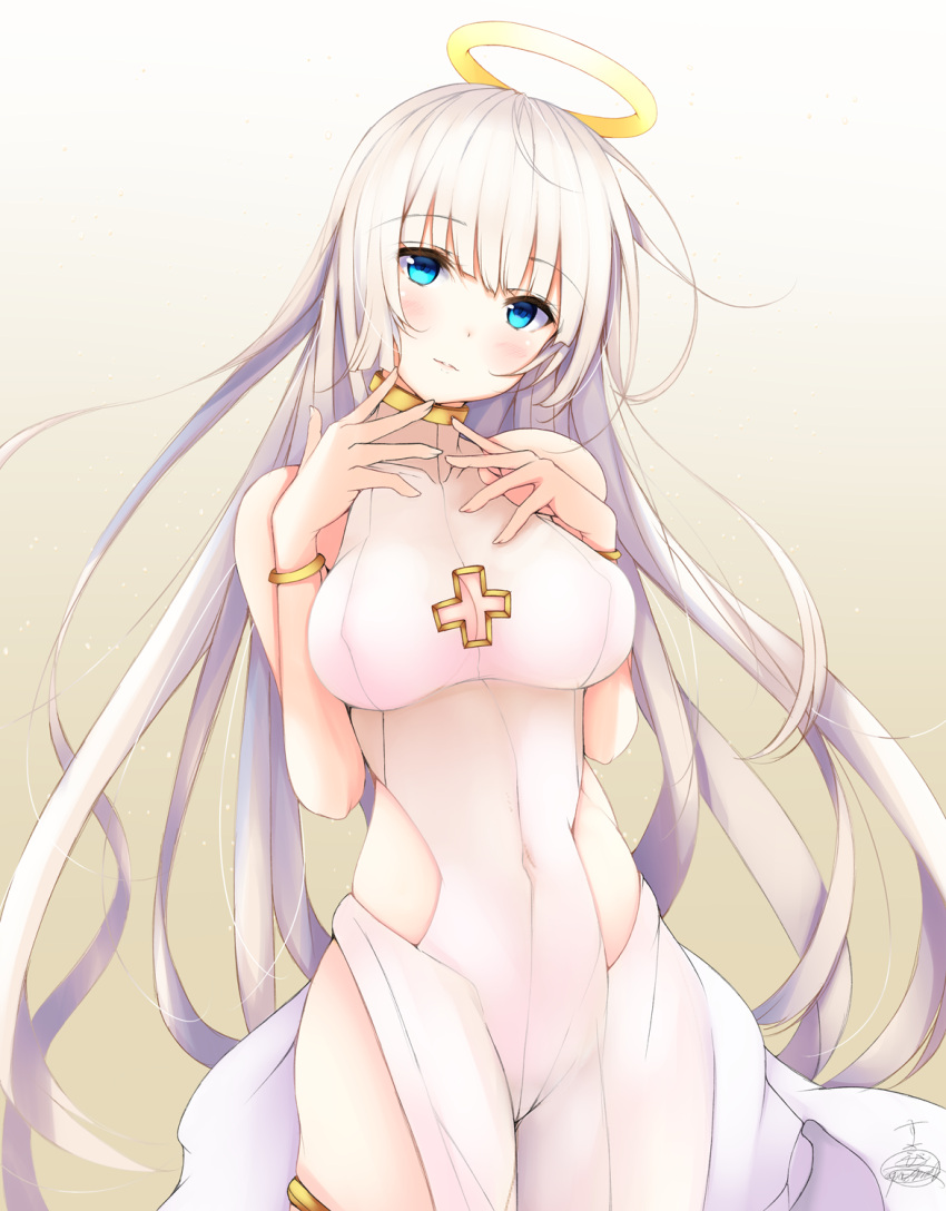 1girl, angel, bangs, bare_shoulders, blue_eyes, blush, bodysuit, bracelet, breasts, cleavage_cutout, collarbone, covered_navel, cowboy_shot, cross_cutout, crotch_seam, eyebrows_visible_through_hair, halo, head_tilt, highres, jewelry, long_hair, looking_at_viewer, medium_breasts, original, parted_lips, solo, suzume_(simple0091), thighlet, very_long_hair, white_bodysuit, white_hair
