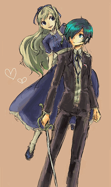 alice_(smt), arisato_minato, bad_id, blonde_hair, blue_hair, dress, long_hair, persona, persona_3, poppo, poppo_(pixiv41327), sword, weapon