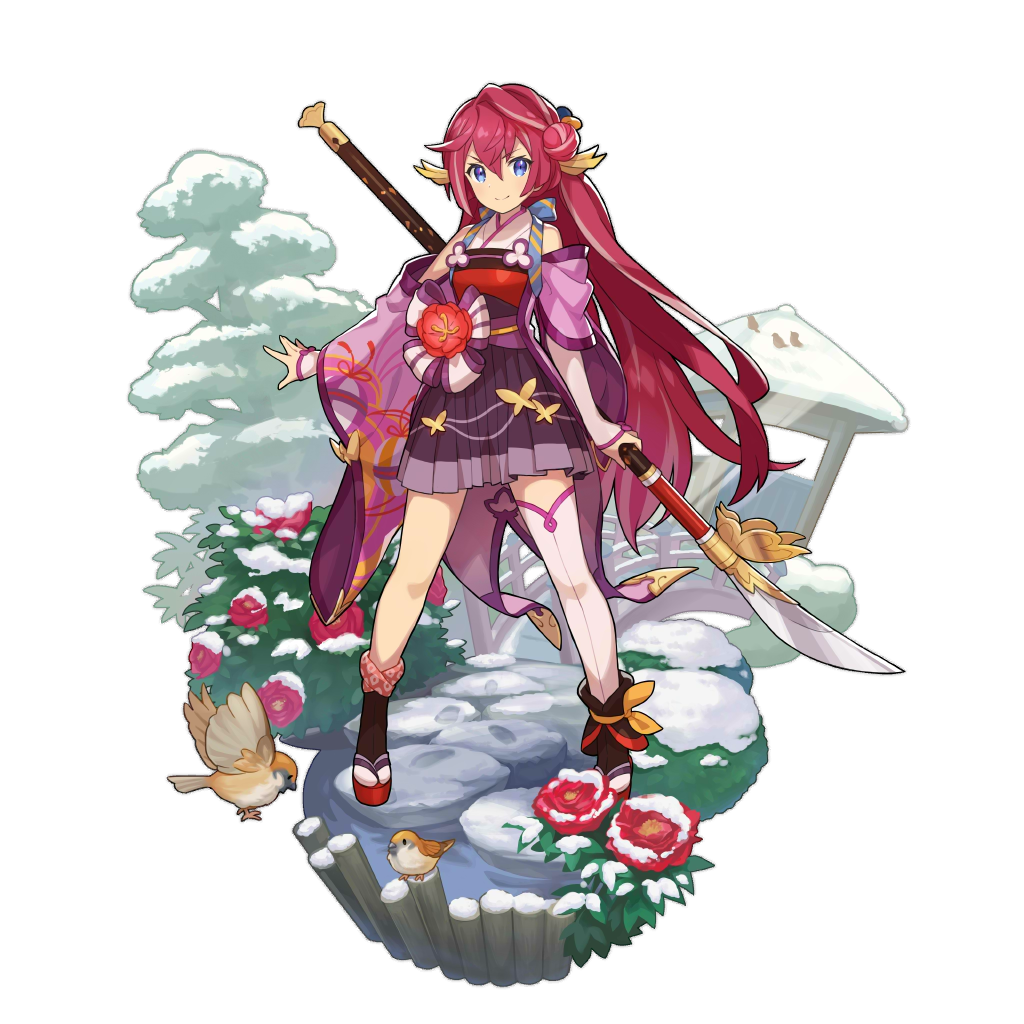 1girl, artist_request, asymmetrical_clothes, asymmetrical_hair, asymmetrical_legwear, asymmetrical_sleeves, blue_eyes, botan_(dragalia_lost), dragalia_lost, japanese_clothes, kimono, long_hair, looking_at_viewer, naginata, non-web_source, official_art, pink_hair, polearm, weapon