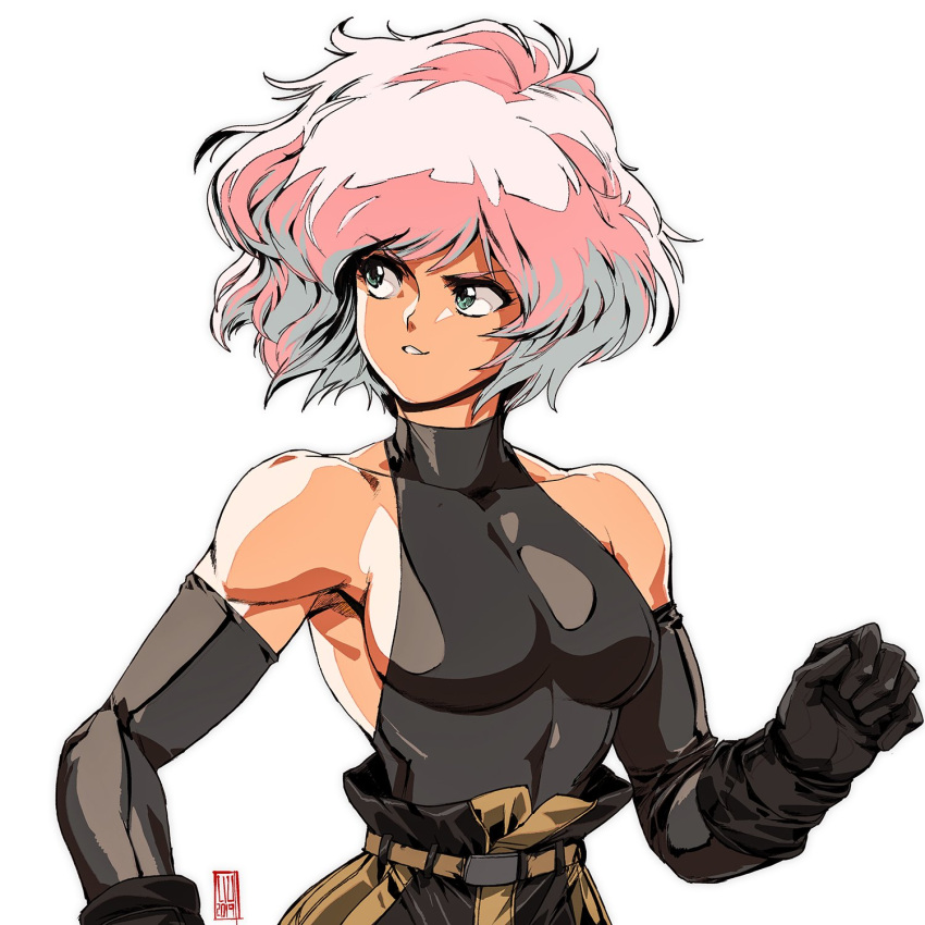 1girl, 90s, bangs, bare_shoulders, belt, big_hair, black_gloves, breasts