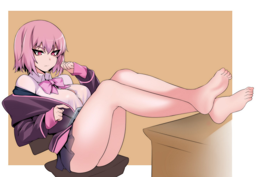 1girl, ass, bangs, bare_legs, barefoot, black_skirt, bow, breasts
