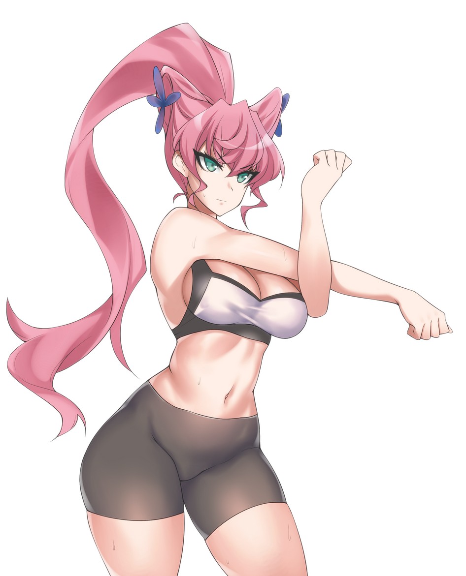 1girl, bangs, bike_shorts, black_shorts, breasts, cleavage, flower, green_eyes