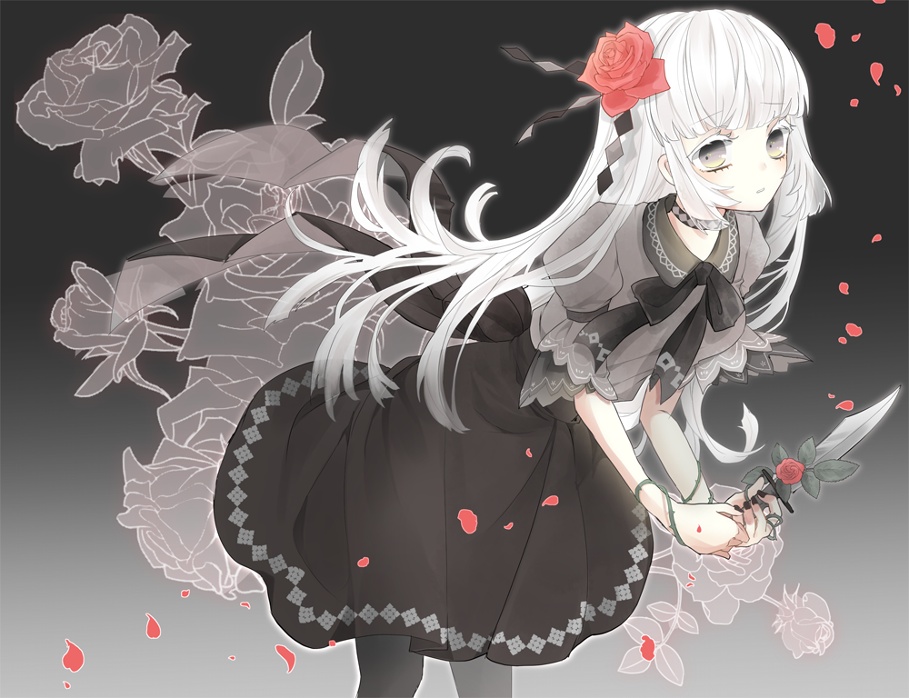 1girl, bangs, bent_over, black_dress, black_ribbon, collar, commentary_request, dress