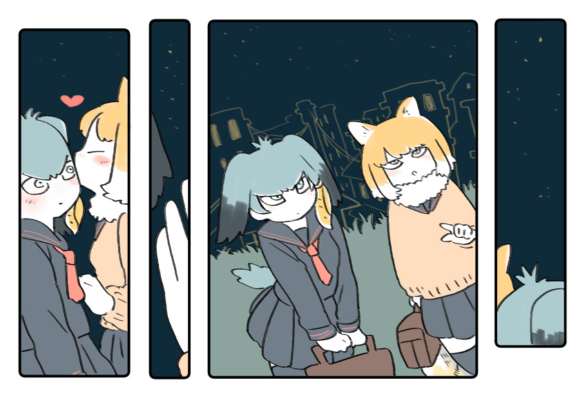 2girls, 4koma, alternate_costume, animal_ears, bag, bangs, bird_tail, black_hair