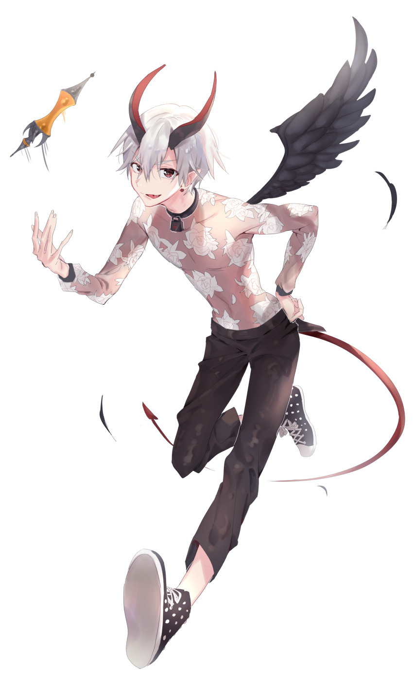 1boy, absurdres, apfhs72, black_feathers, black_footwear, black_legwear, black_wings, collar