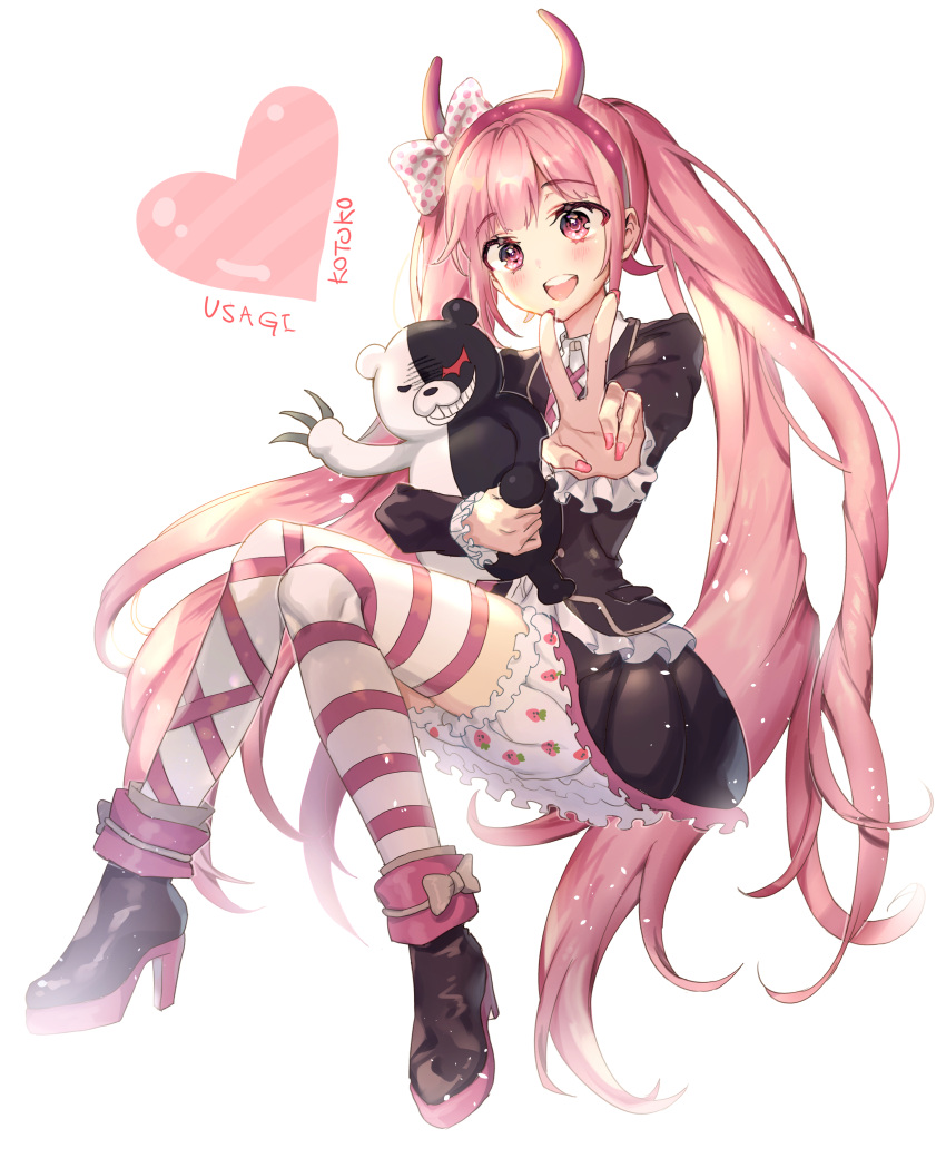 1girl, absurdres, apfhs72, black_eyes, black_footwear, black_skirt, blackjacket, blush, boots, bow, character_name, claws, commentary_request, dangan_ronpa, dangan_ronpa_1, evil_brin, eyebrows_visible_through_hair, fake_horns, fingernails, grin, hair_bow, hairband, heart, heterochromia, high_heel_boots, high_heels, highres, holding, holding_to_chest, jacket, light_background, long_hair, monokuma, multicolored, multicolored_clothes, multicolored_legwear, nail_polish, open_eyes, open_mouth, pink_eyes, pink_hair, pink_heart, pink_nails, quill, red_eyes, shoe_bow, shoes, simple_background, skirt, smile, striped, striped_legwear, teeth, thigh-highs, twintails, utsugi_kotoko, v, very_long_hair, white_background, zettai_zetsubou_shoujo