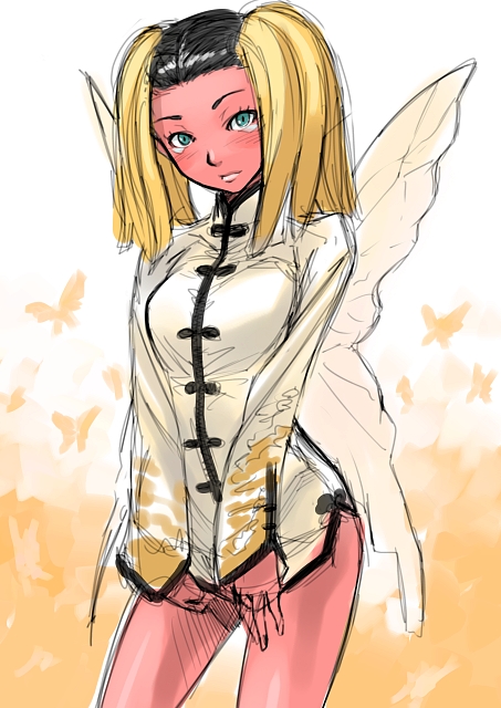 blonde_hair, blush, bottomless, china_dress, chinadress, chinese_clothes, green_eyes, hua-po, hua_po, persona, persona_3, persona_4, shimotsuki_eight, shin_megami_tensei, shin_megami_tensei:_strange_journey, tears, wings