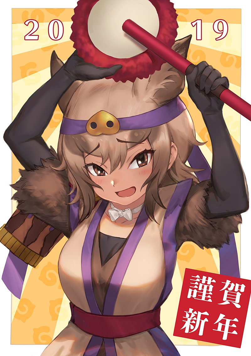 1girl, 2019, animal_ears, blush, boar_ears, bow, bowtie, brown_eyes